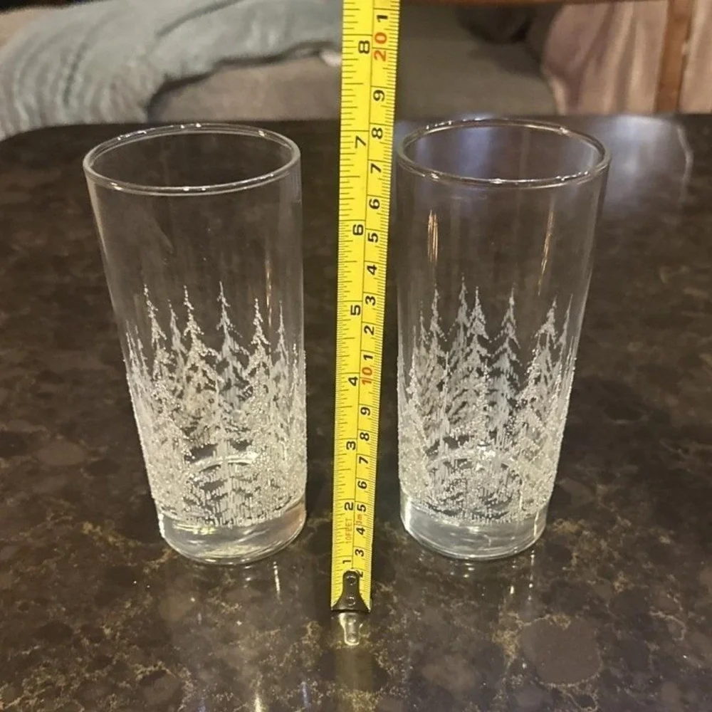 Vintage Frosted White Pine Tree Highball Glasses Set of 2 Winter Forest Tumblers